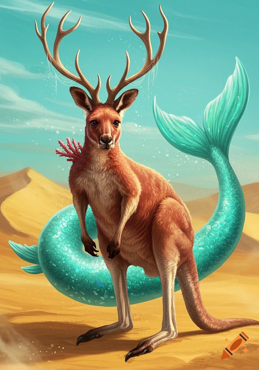 A fantastical creature, a kangaroo with antlers and a blue mermaid tail, stands in a desert under a blue sky.