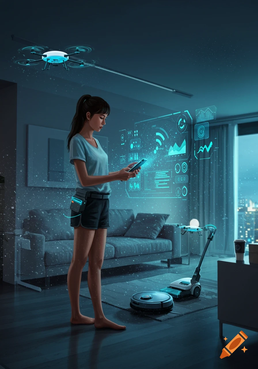 A woman in shorts uses a phone to control smart home devices including a drone, robot vacuum, and stick vacuum in a dimly lit, futuristic apartment.