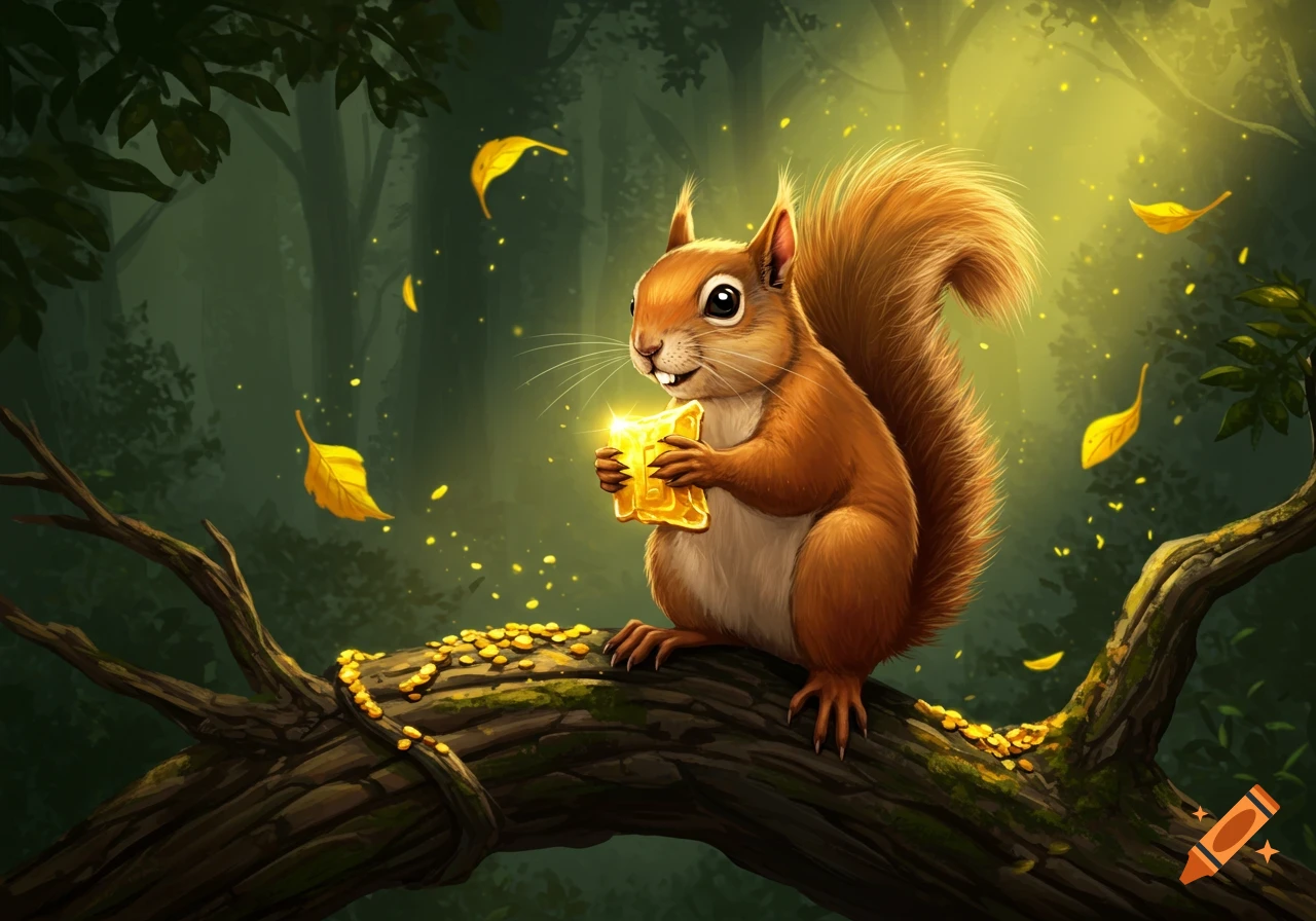 A mischievous cartoon squirrel with bright eyes holds a glowing golden bar, sitting on a mossy tree branch in a dark, magical forest with floating golden leaves and glowing particles.