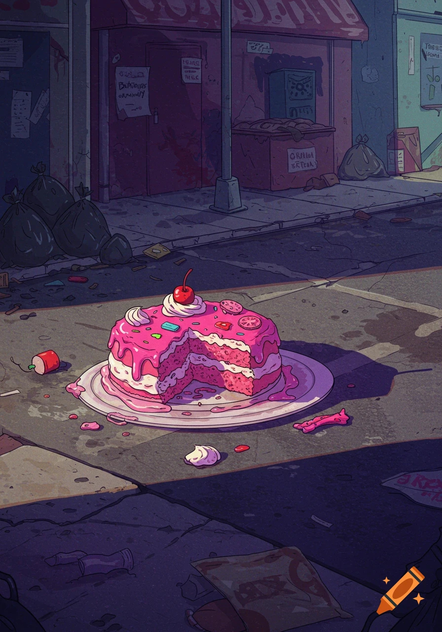 A vibrant digital illustration of a ruined pink cake with a slice missing, sitting on a dirty city street at dusk.