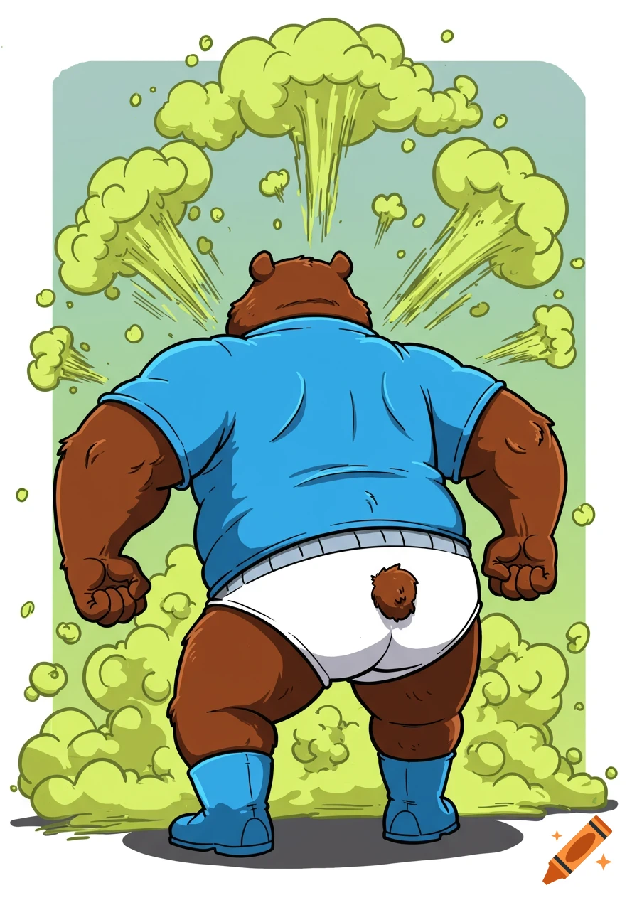A cartoon grizzly bear in a blue shirt and white briefs, viewed from behind, is farting large greenish-yellow fumes.