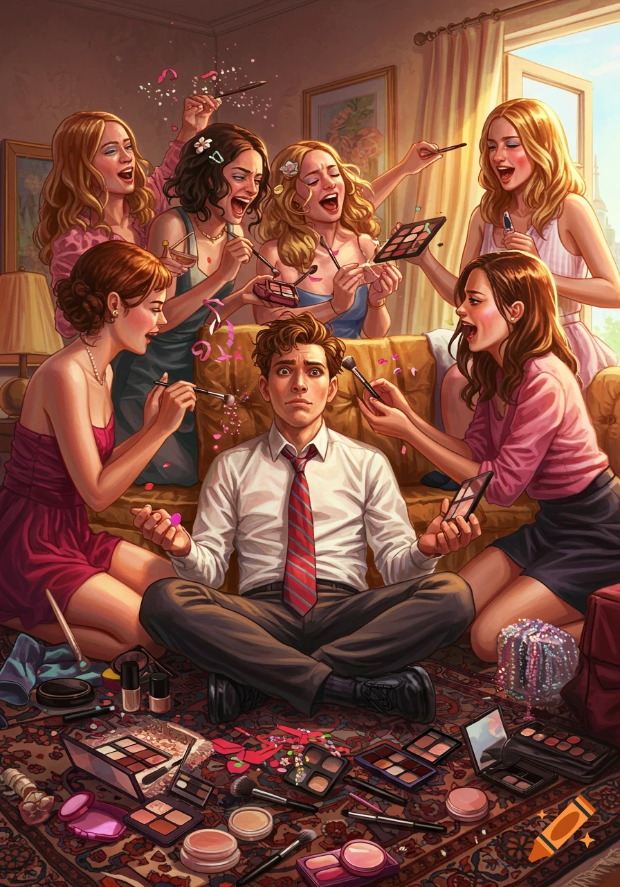 An illustration of a man sitting cross-legged, looking overwhelmed, as several women excitedly apply makeup to his face.