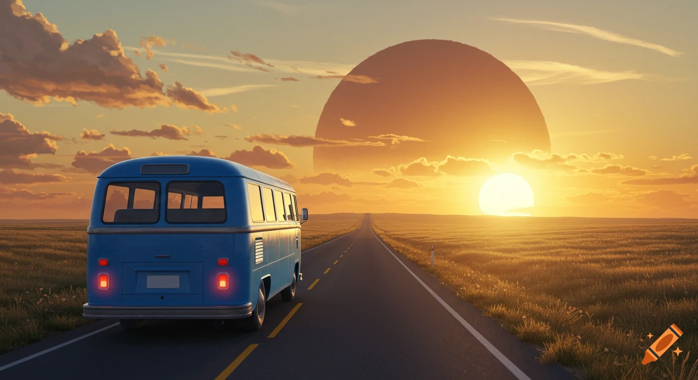 A blue bus drives down a long, straight road through a golden field towards a large setting sun in a cloudy sky.
