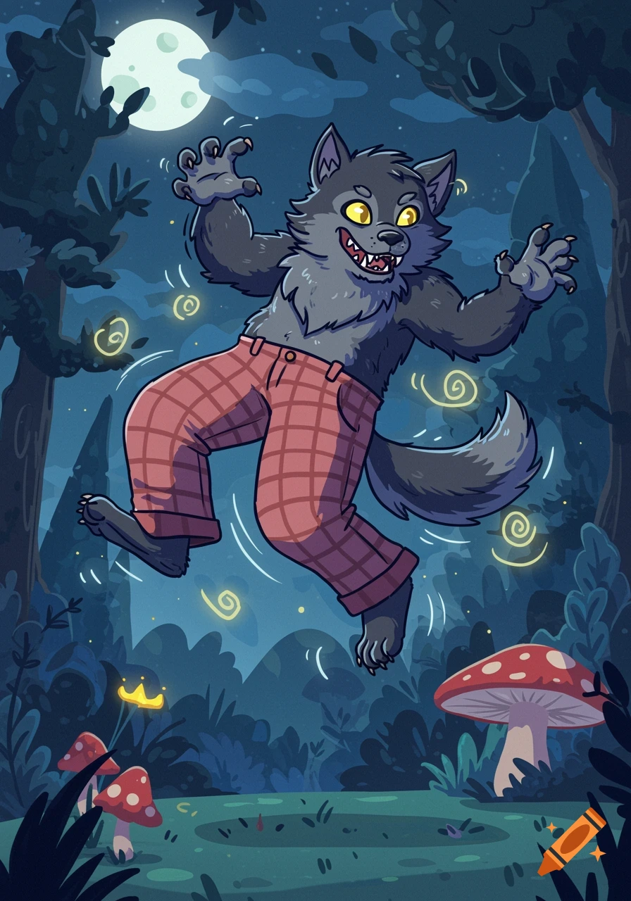 A cartoon werewolf with red plaid trousers jumps in a dark forest under a full moon.