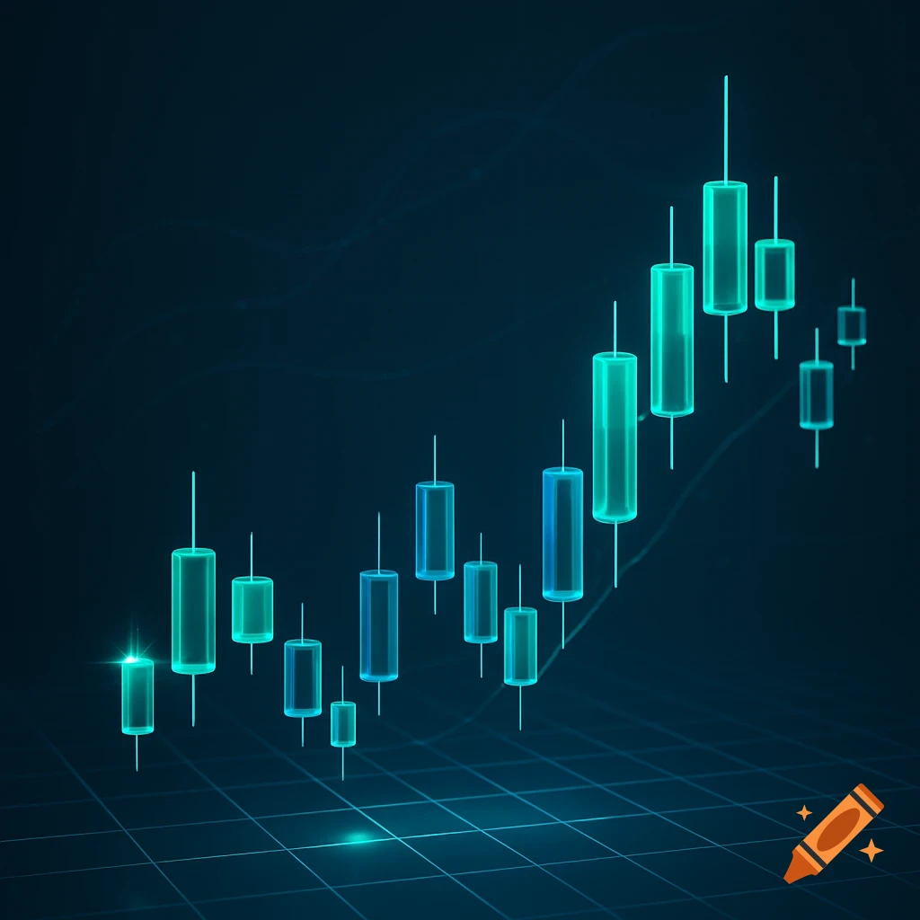 A glowing blue and green candlestick chart illustrating an upward trend on a dark background with a grid.