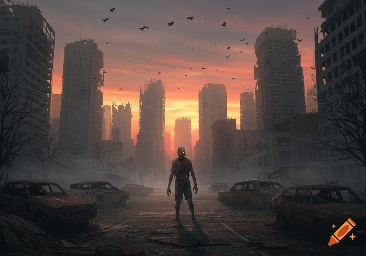 A lone zombie stands in a ruined city street at sunset, surrounded by destroyed buildings and abandoned cars.