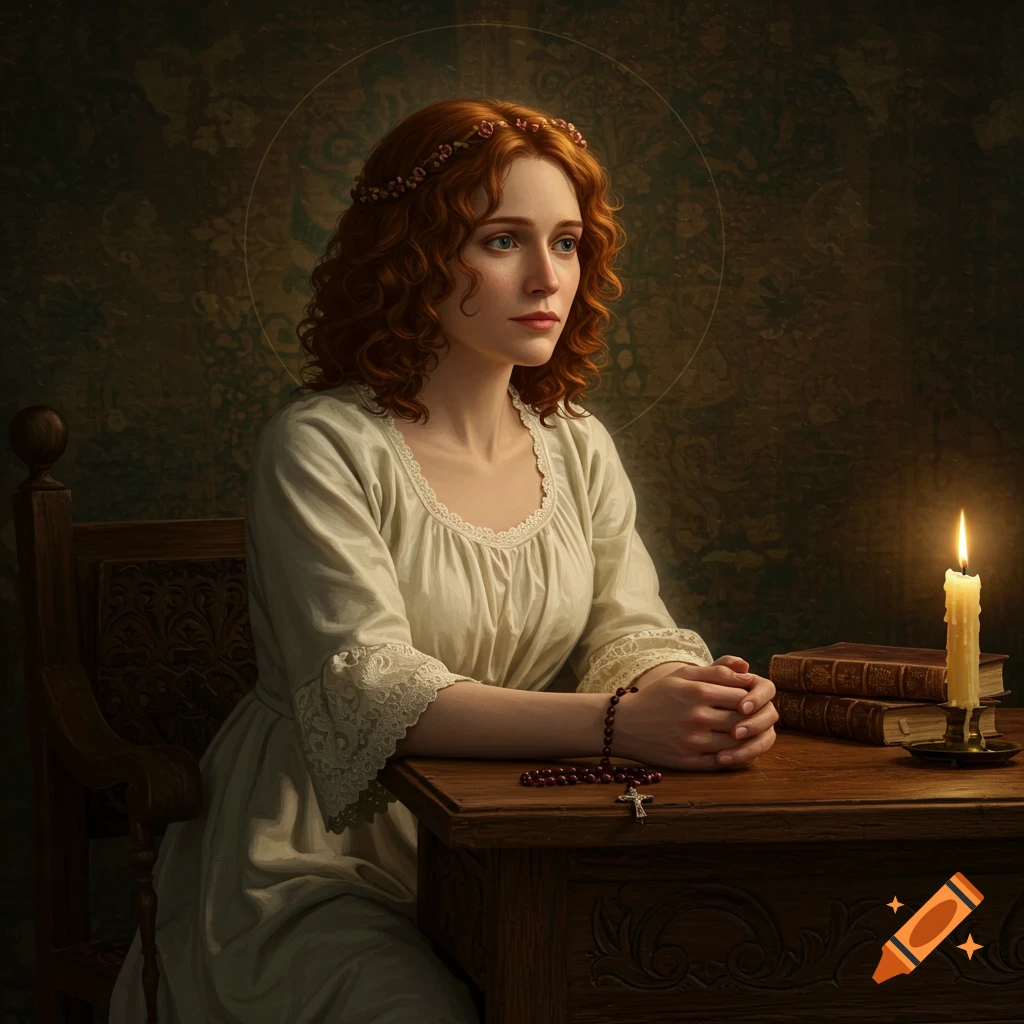 A red-haired woman with a halo, wearing a modest dress, sits at a wooden table with clasped hands and a rosary, by a lit candle and books in a dimly lit room.
