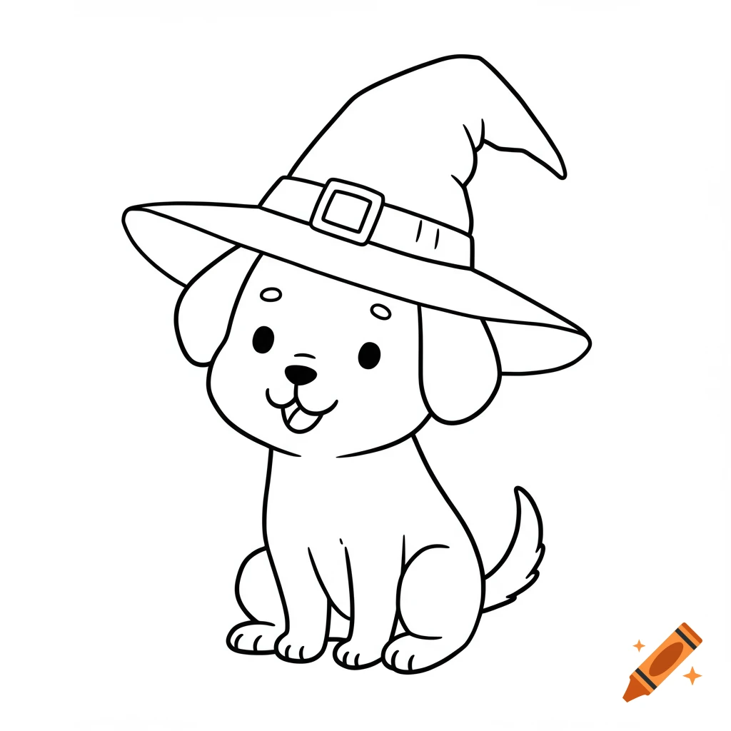 Black and white line art of a cute cartoon dog wearing a witch hat.