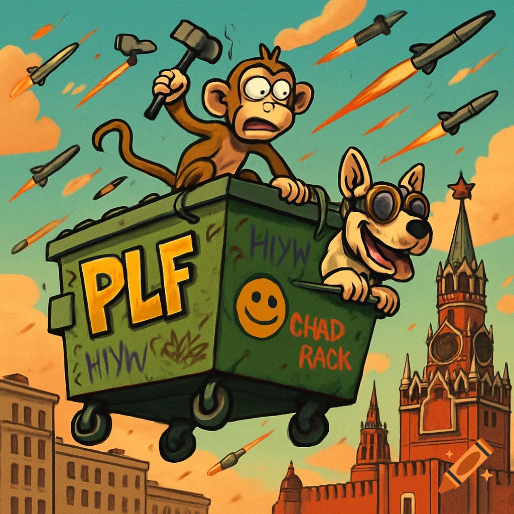 A cartoon monkey with a hammer on a flying green dumpster with a dog, amidst flying missiles over a city with a red Kremlin-like building.