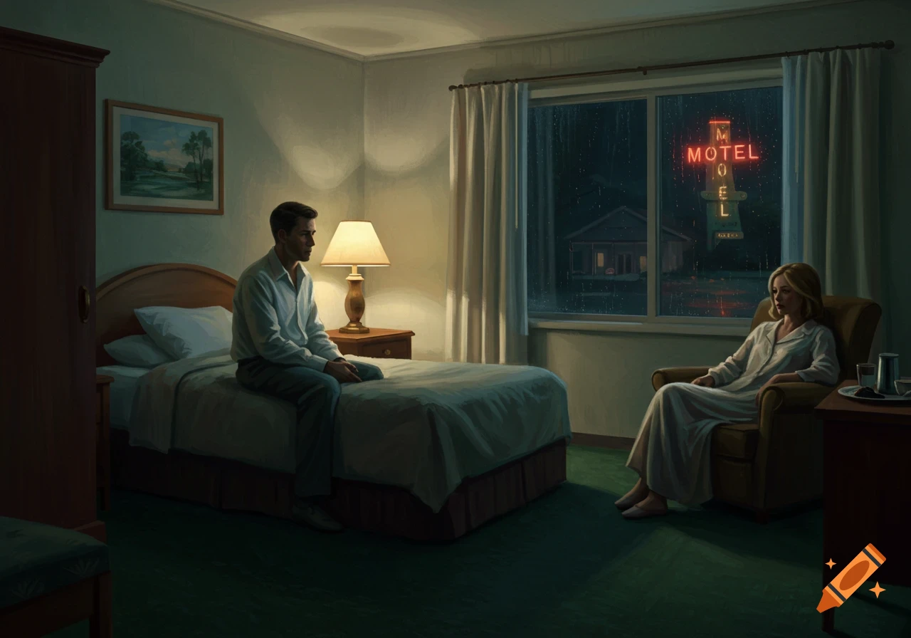 A painting in Edward Hopper style shows a man on a bed and a woman in a chair in a dim motel room at night.