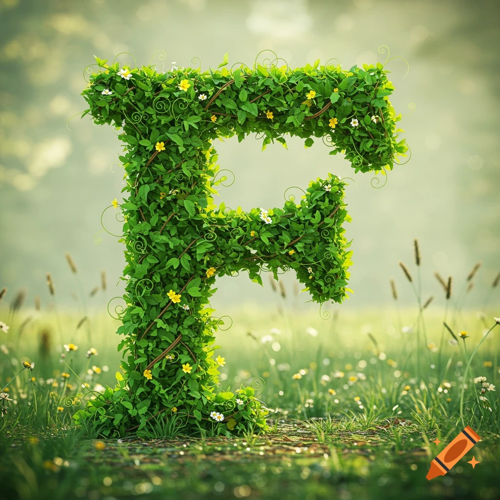 A photorealistic 3D letter F made of green plants and flowers stands in a sunny field.
