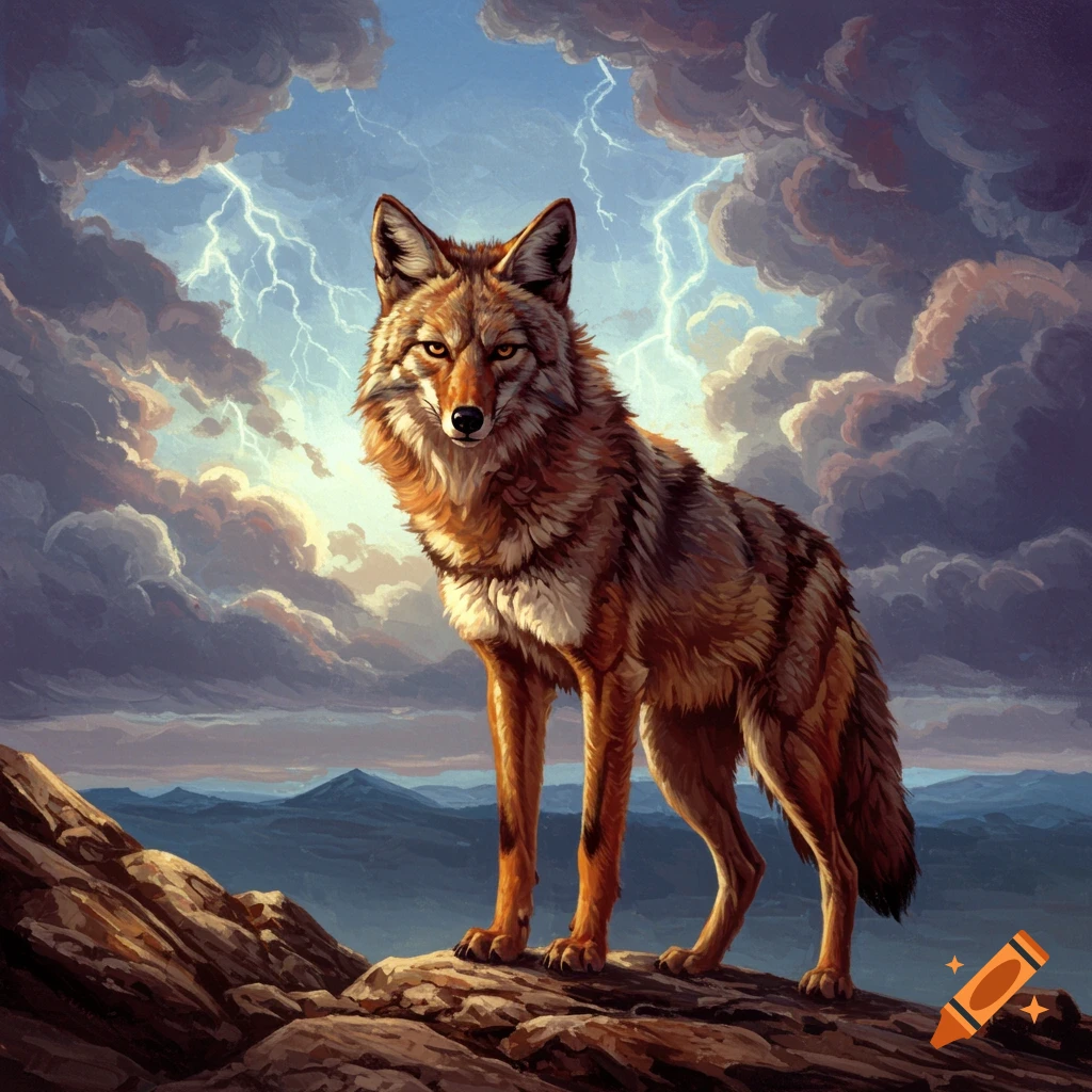 A powerful painted coyote stands on a rocky outcrop under a stormy sky with lightning over mountains.