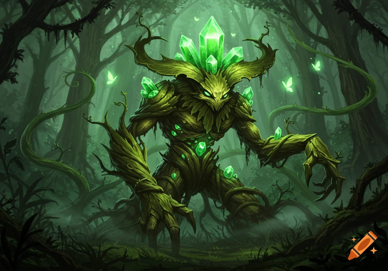 A formidable plant monster covered in glowing green crystals stands in a dark, mysterious forest in a fantasy art style.