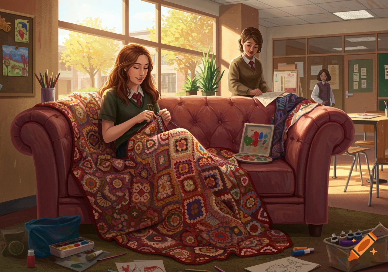 An illustrated scene of a high school girl crocheting on a couch in a sunlit classroom, with other students and art supplies nearby.