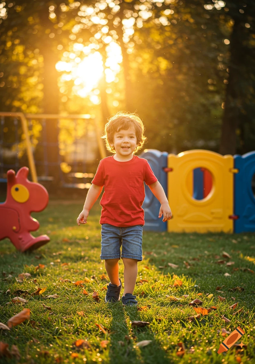 A photorealistic image of a smiling young boy with curly hair standing in a sunny outdoor playground with autumn leaves on the grass.