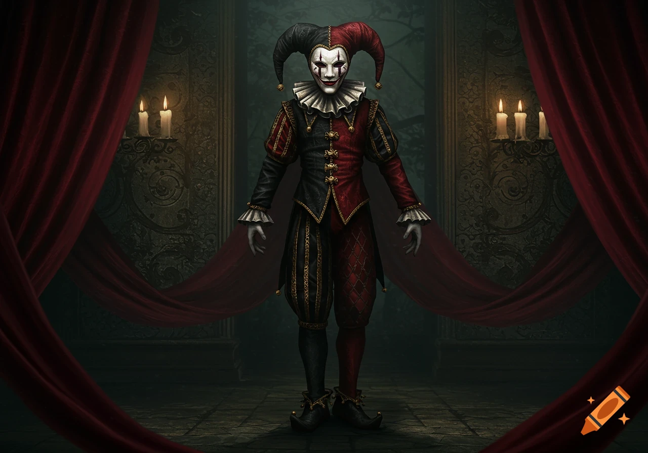 A creepy jester in a black and red outfit and white mask stands between red curtains in a dark, gothic setting.