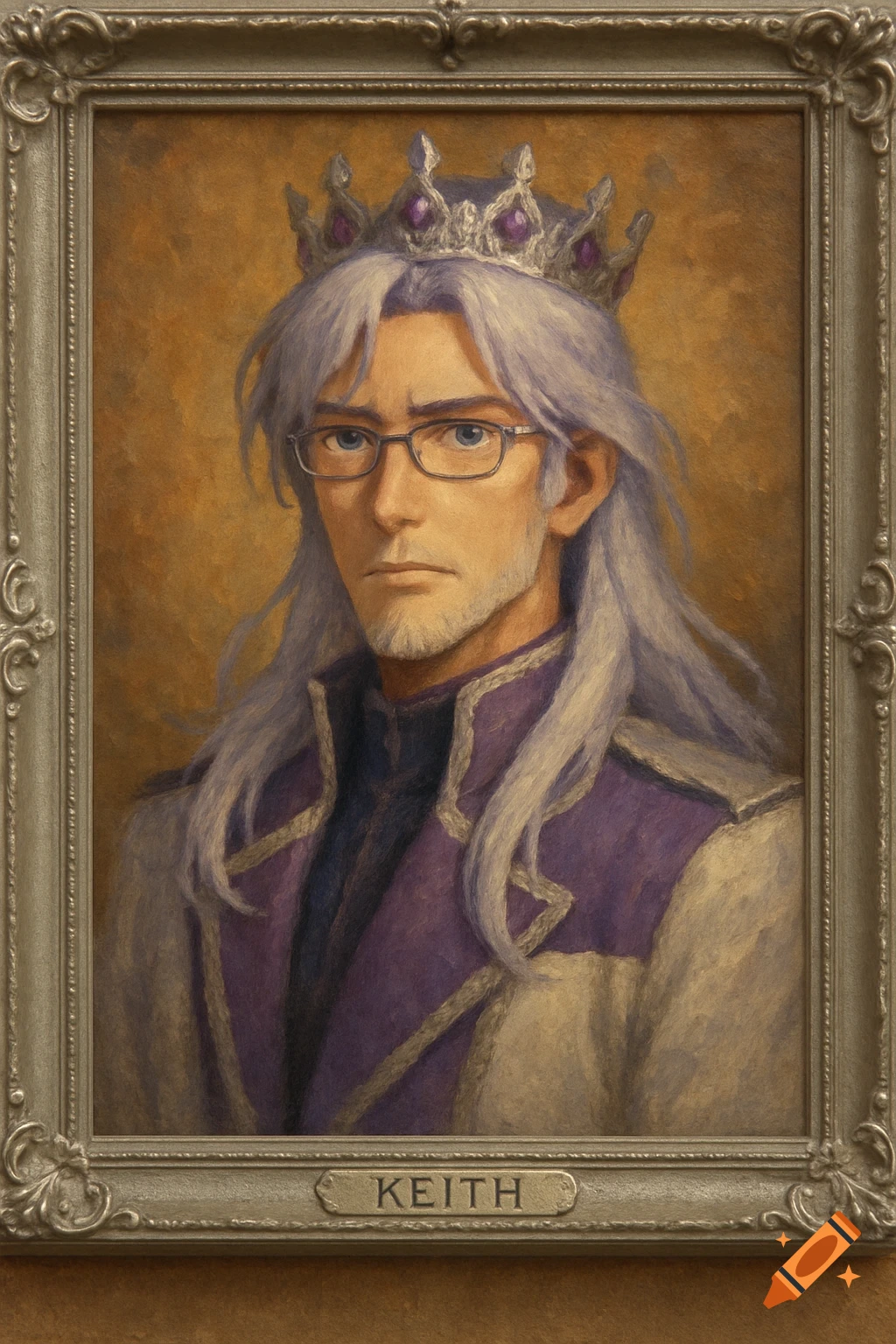 Impressionist oil painting of an anime king with long white hair, glasses, and a purple crown, in an ornate silver frame labeled 'KEITH'.