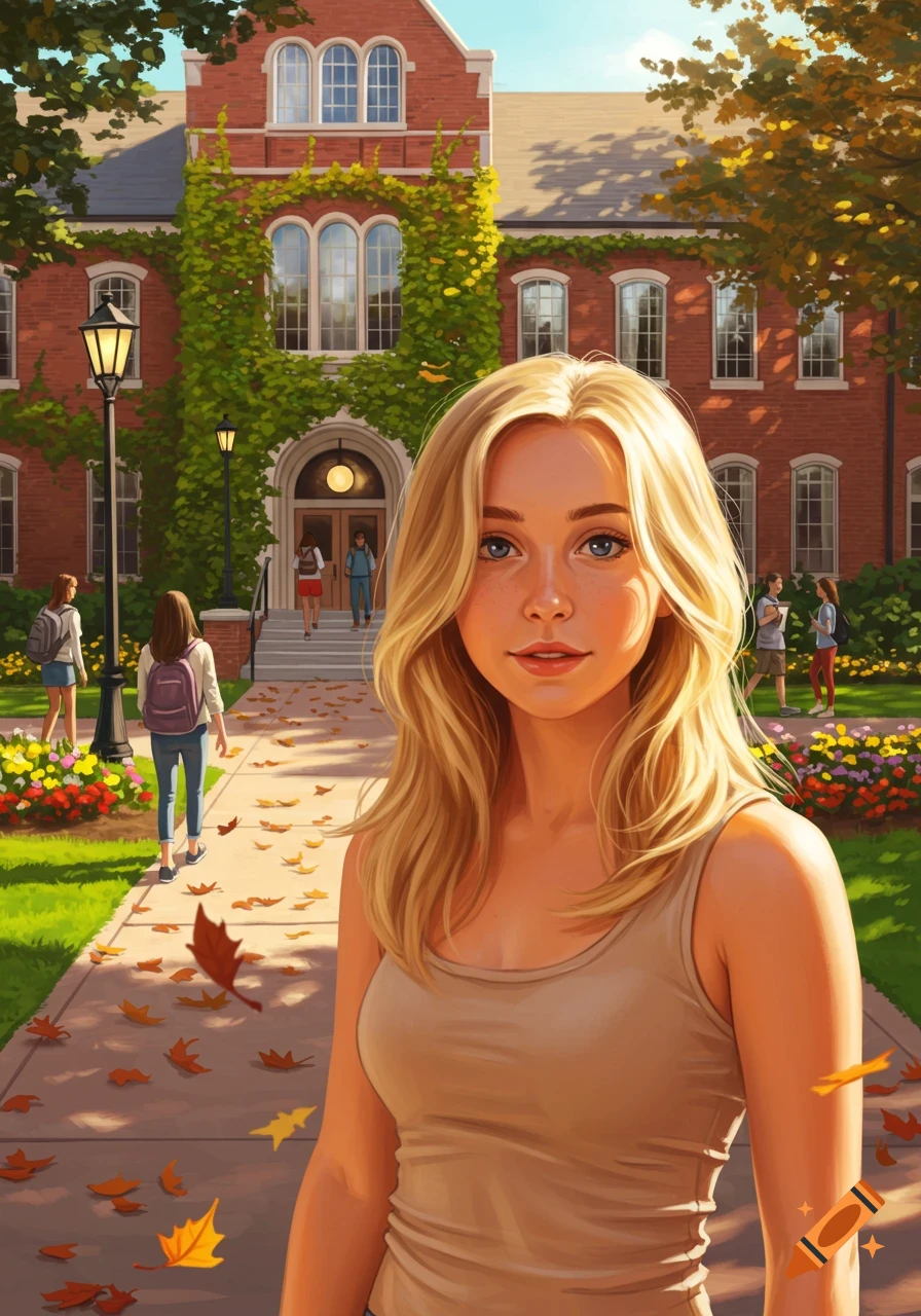 A young woman with blonde hair wearing a tank top stands on a college campus path with fallen autumn leaves.