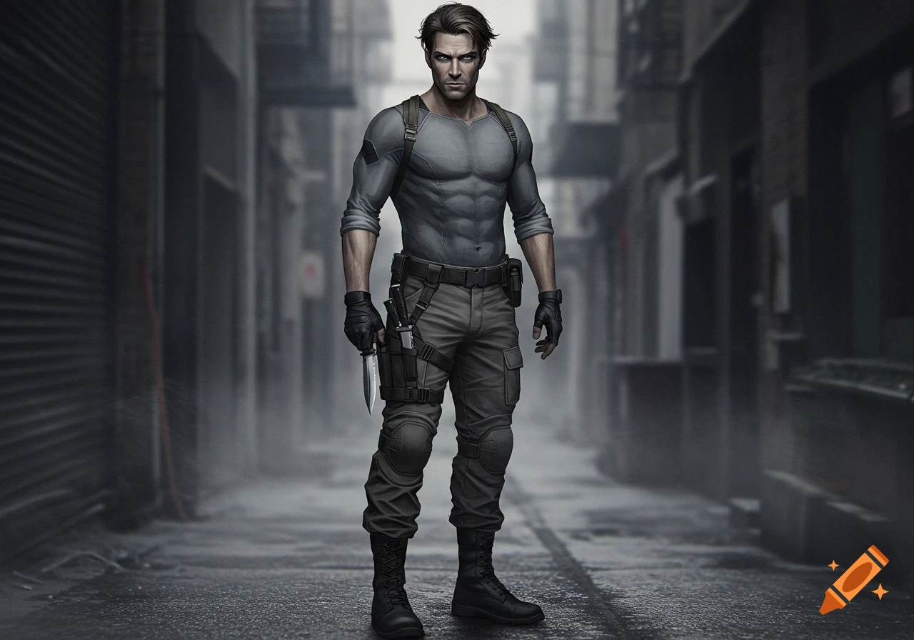 A muscular man with dark hair and blue eyes, wearing a gray tactical shirt and cargo pants, stands in a dark alleyway holding a knife.