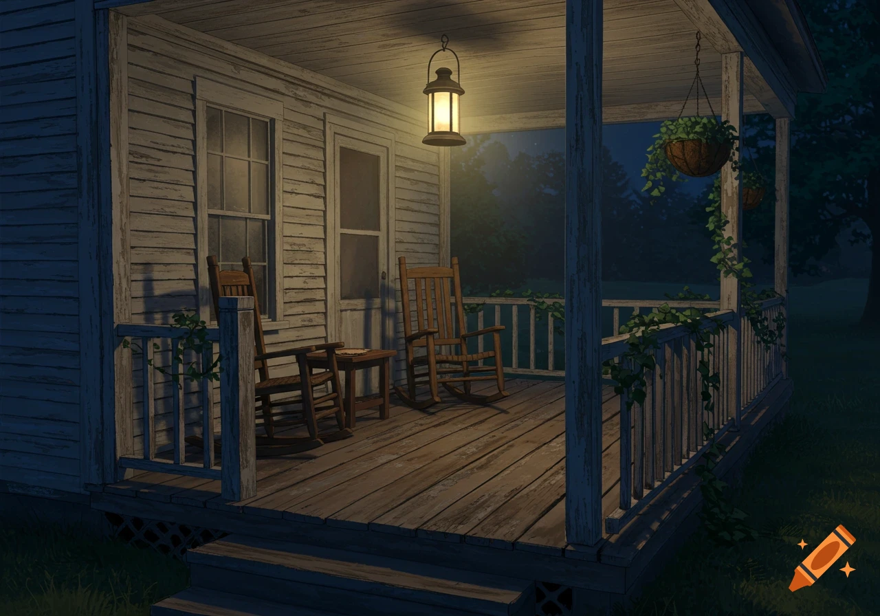 An old-time front porch at night, lit by a hanging lantern, with two rocking chairs and a small table. Vines hang from the porch roof and railing.