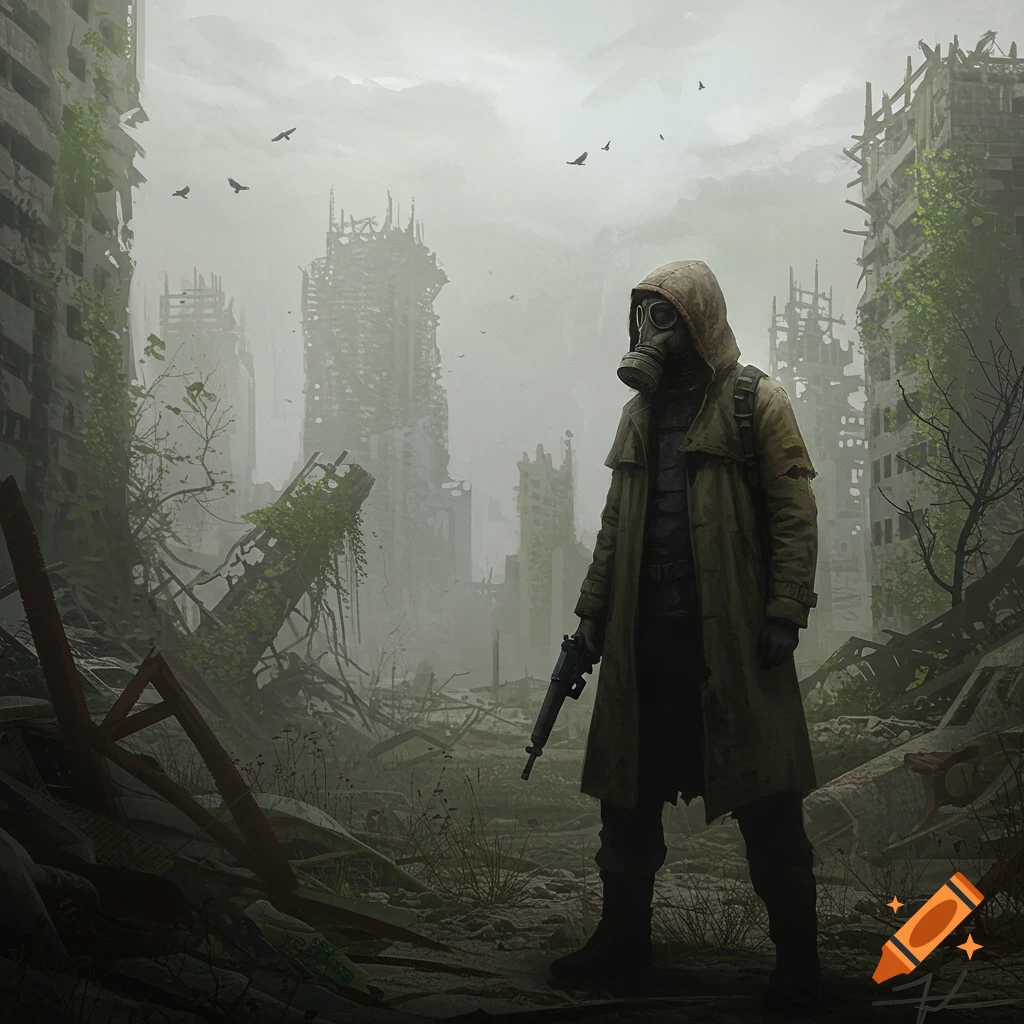 A solitary figure in a gas mask and trench coat stands with a gun amidst the overgrown ruins of a destroyed city under a gloomy sky, digital painting.