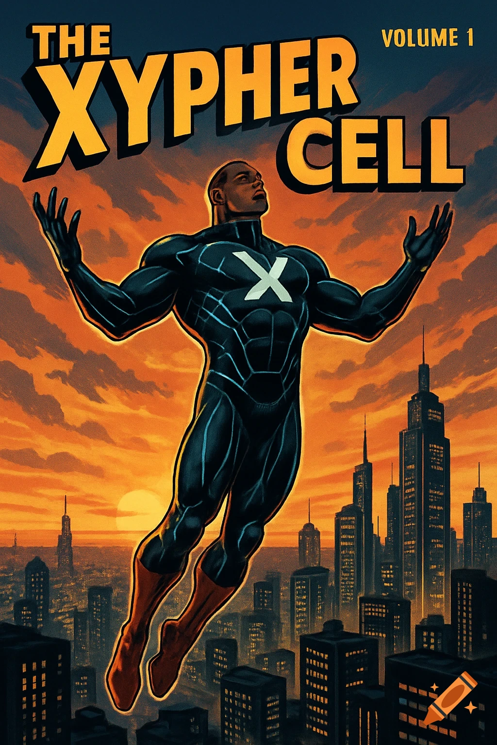 A retro-modern comic book cover shows a muscular superhero in a black suit, flying over a city at sunset. Title: 'The Xypher Cell, Volume 1'.