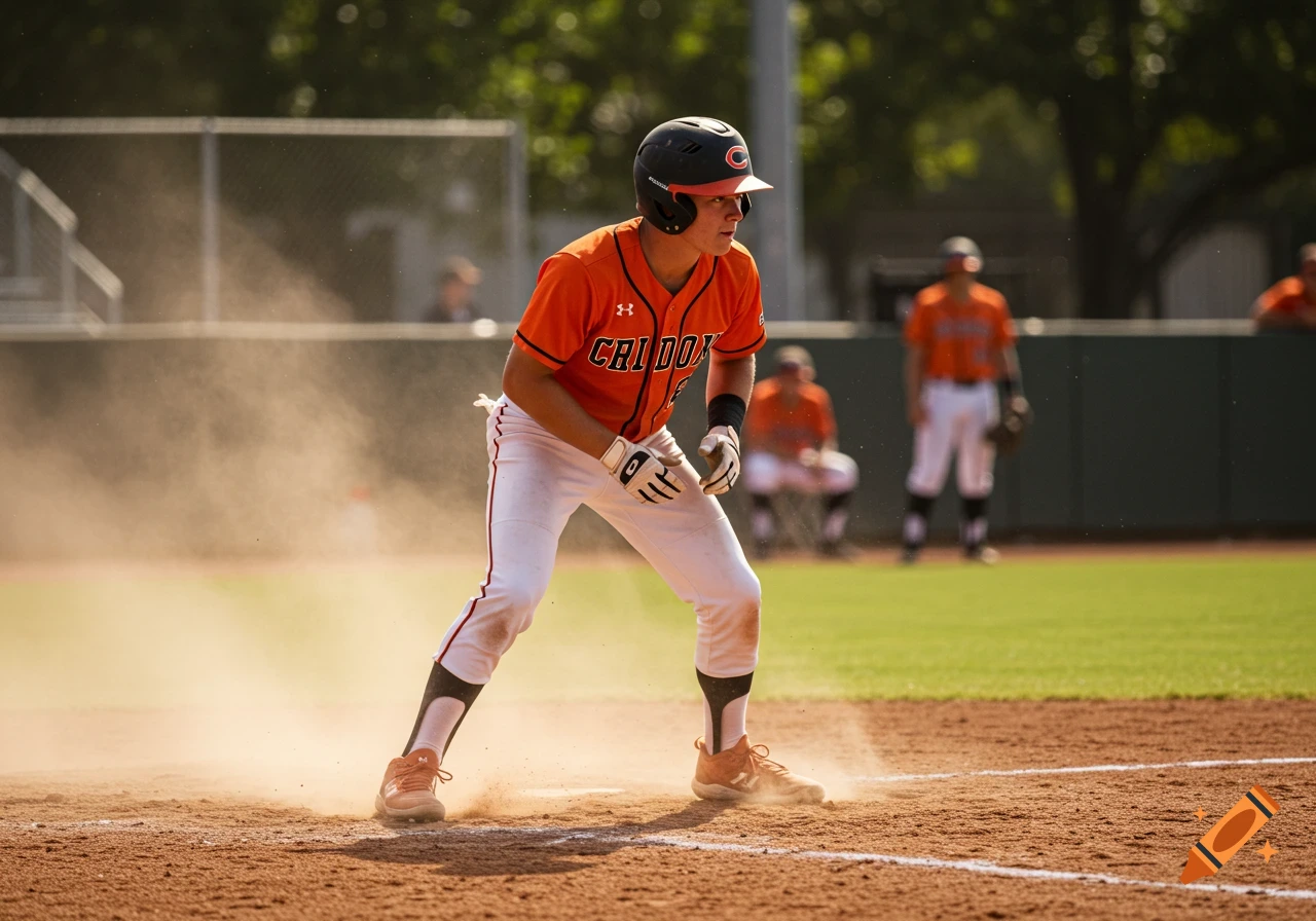 Photorealistic image of a high school baseball player in an orange jersey and white pants, kicking up dust on a baseball field.