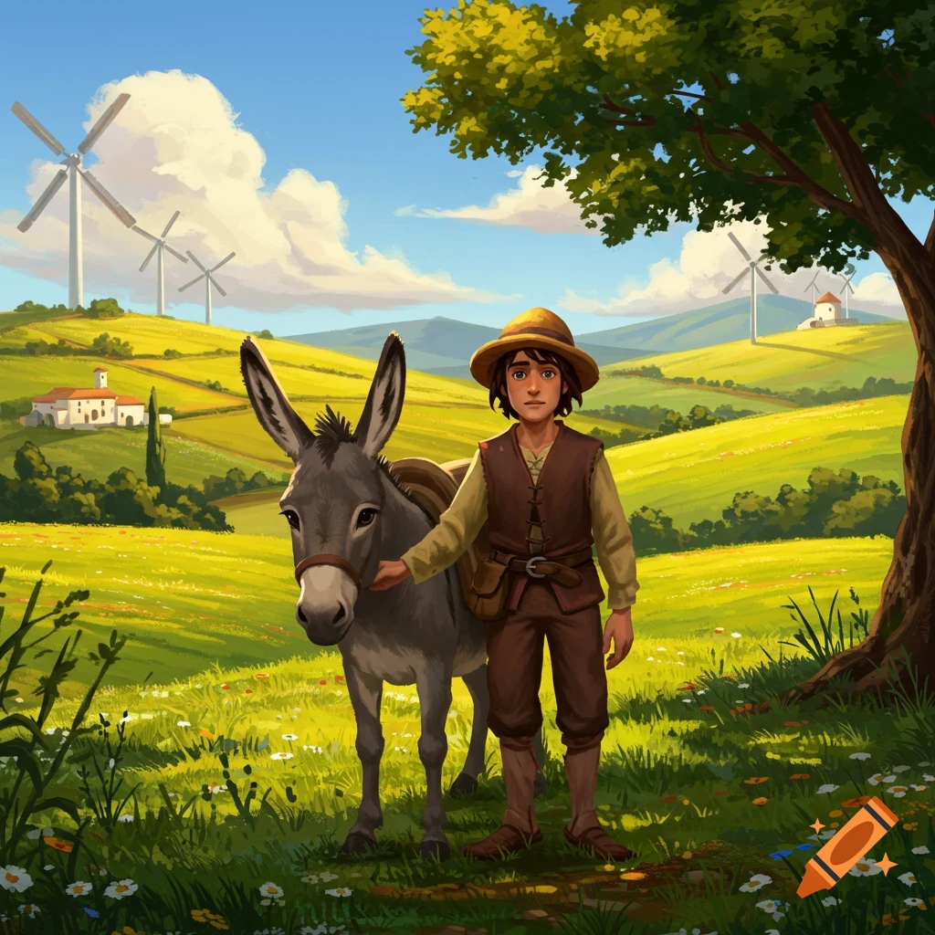 A young person in rustic clothes stands with a donkey in a vibrant green, sunny countryside with hills and wind turbines, in an illustrated style.