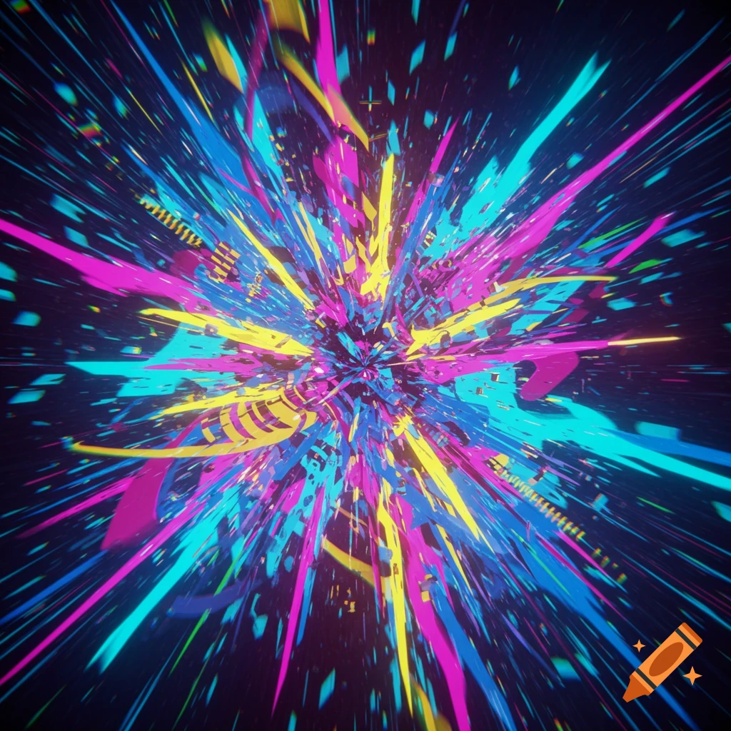 Vibrant abstract explosion of pink, yellow, blue, and cyan lines and shapes on a dark background.