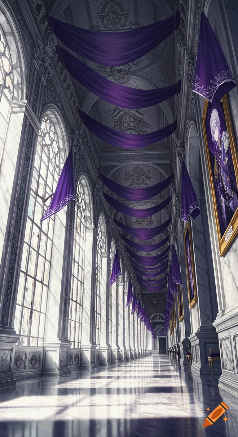 Long marble palace hallway with tall windows on the left and purple drapes and portraits on the right, bathed in natural light.