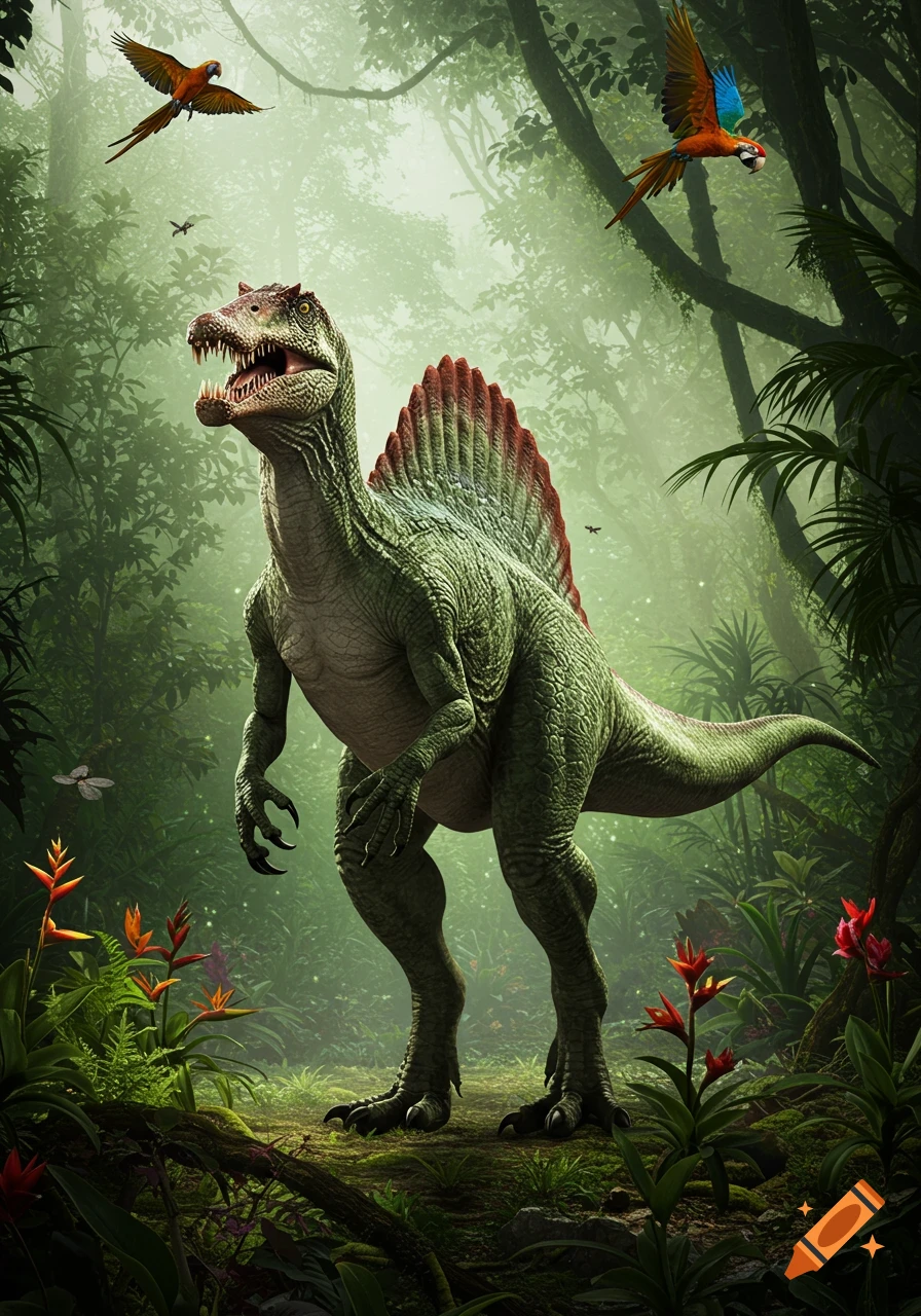 A large, realistic Spinosaurus dinosaur stands with its mouth open in a lush, misty jungle with tropical plants, a butterfly, and parrots flying.