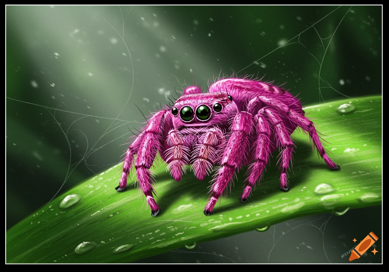 A vibrant pink jumping spider with large green eyes sits on a green leaf with water droplets and faint spiderwebs.