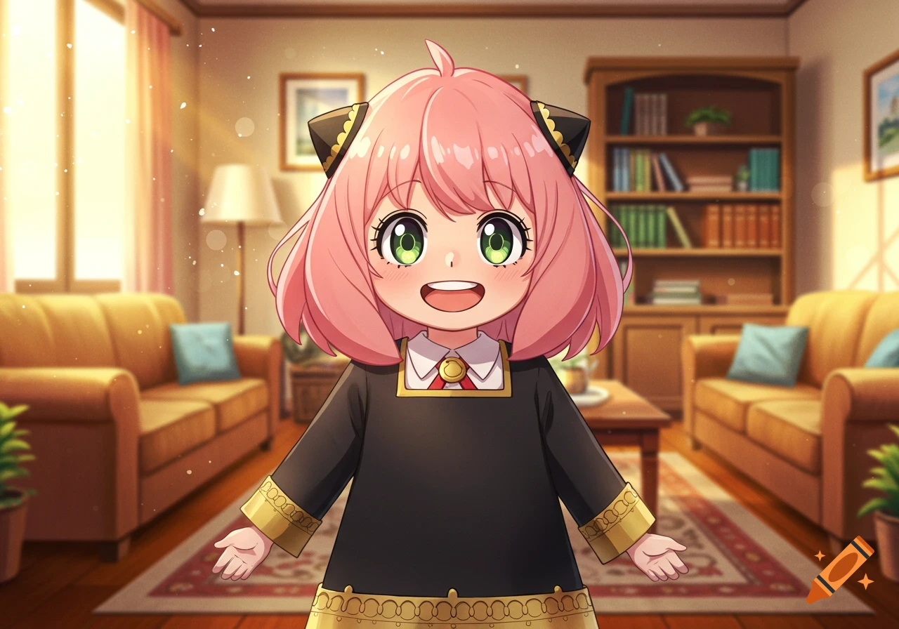 An anime drawing of Anya Forger, a small girl with pink hair and green eyes, smiling brightly in a cozy living room.