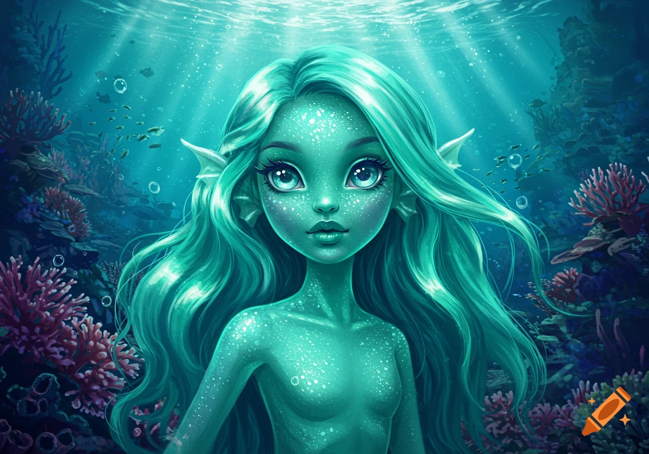 A stylized doll like mermaid with teal skin large eyes and flowing