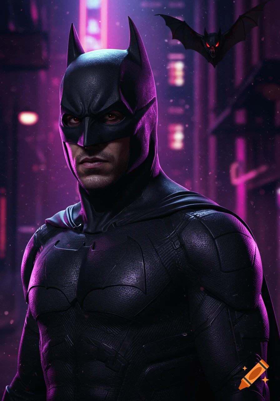 A man in a black Batman suit and mask with red eyes stands in a dark, neon-lit alleyway, a bat with red eyes flying above.
