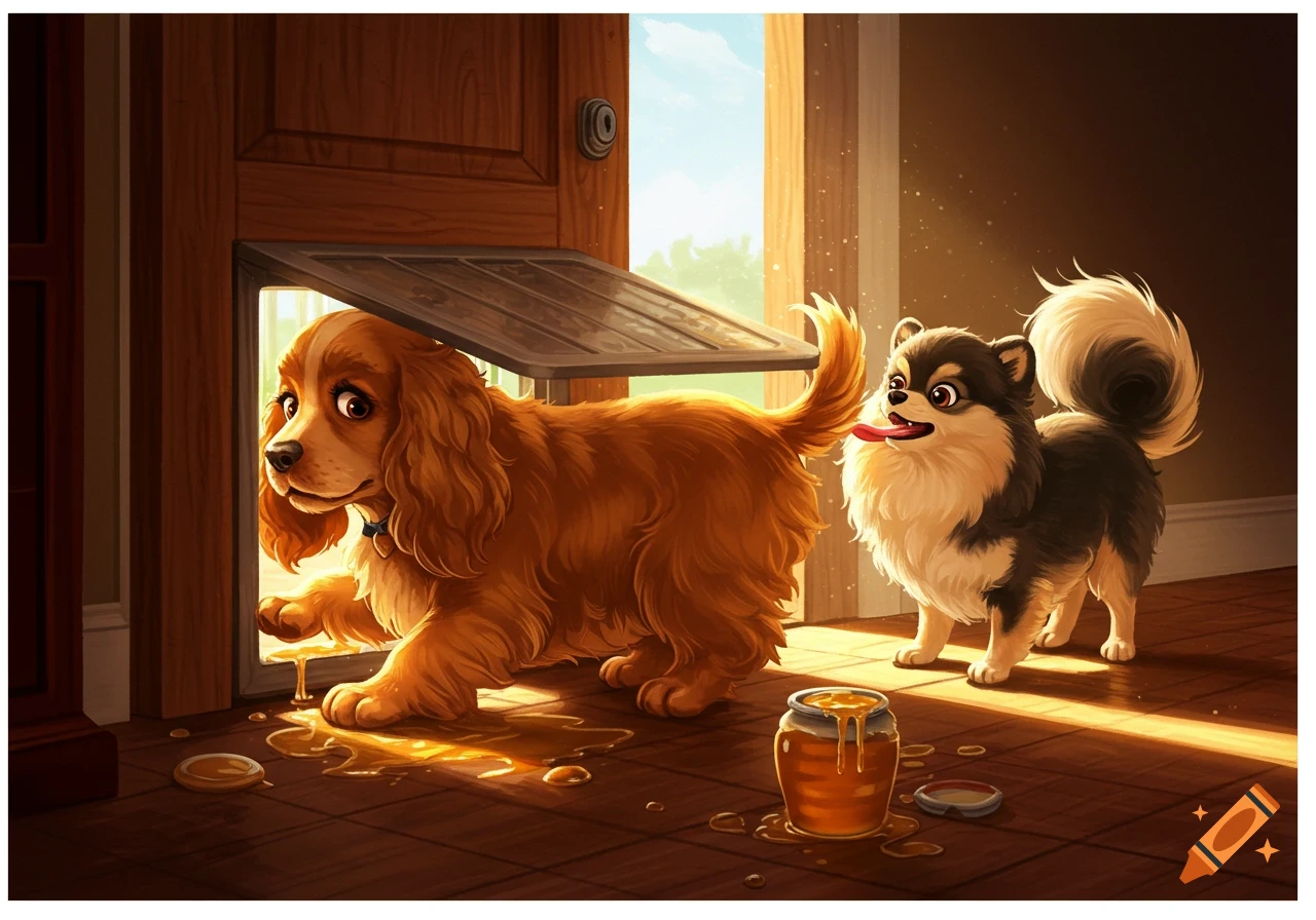 A cartoon cocker spaniel is stuck halfway through a doggie door with spilled honey on the floor, while a smaller Pomeranian watches from inside.