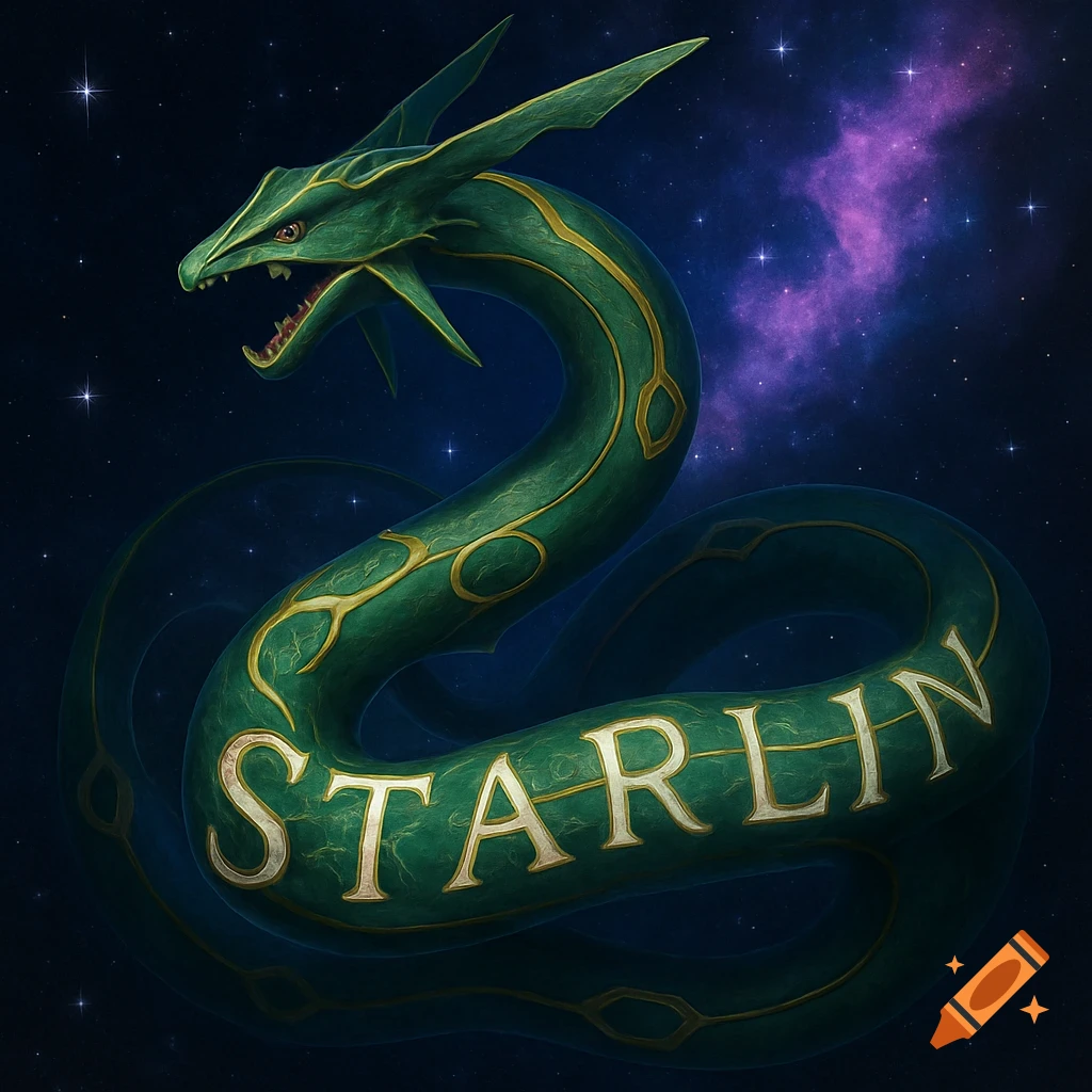 A majestic green serpentine creature, like a dragon, with gold patterns and the word "STARLIN" inscribed on its body, set against a dark starry sky with a purple nebula.