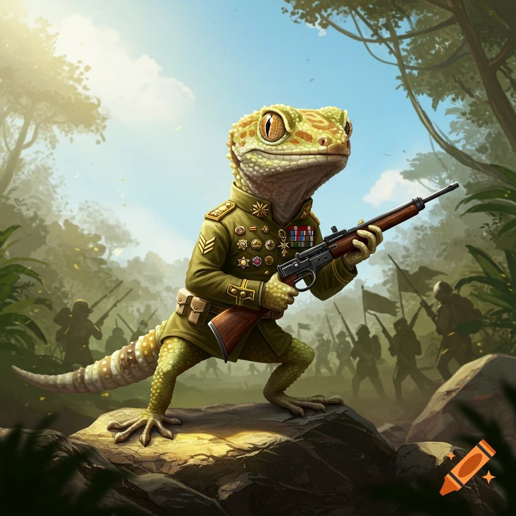 A gecko dressed in a military uniform holding a rifle stands on a rock in a jungle with blurry soldiers in the background.