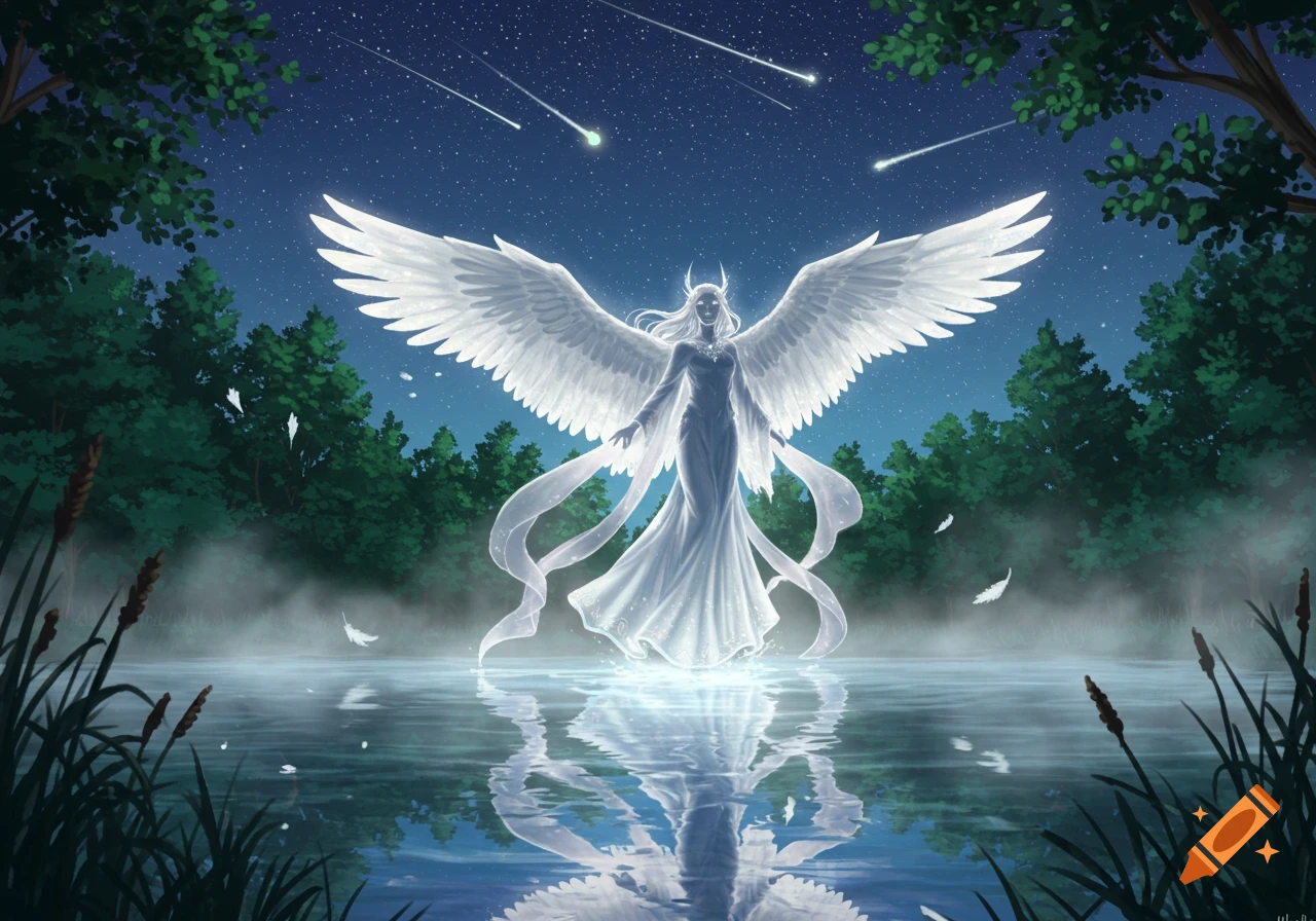 A majestic, glowing white-winged figure stands on the water in a misty forest clearing at night, under a starry sky with shooting stars.
