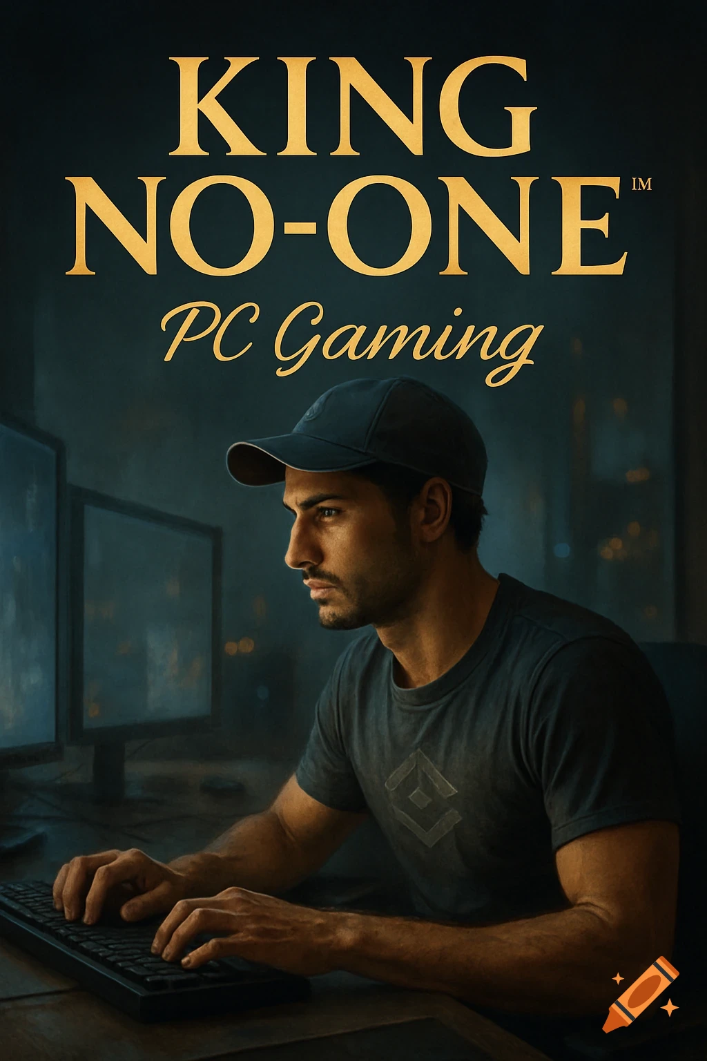 A photorealistic portrait of a young man in a baseball cap intently typing at a computer with monitors, under text 'King No-One PC Gaming'.