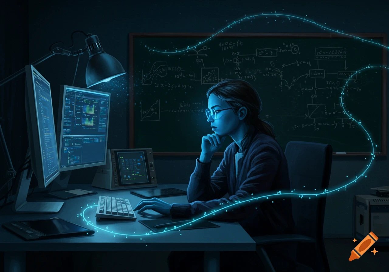 A female computer scientist sits at a desk in a dark room, working on multiple glowing computer screens, with glowing blue lines surrounding her.