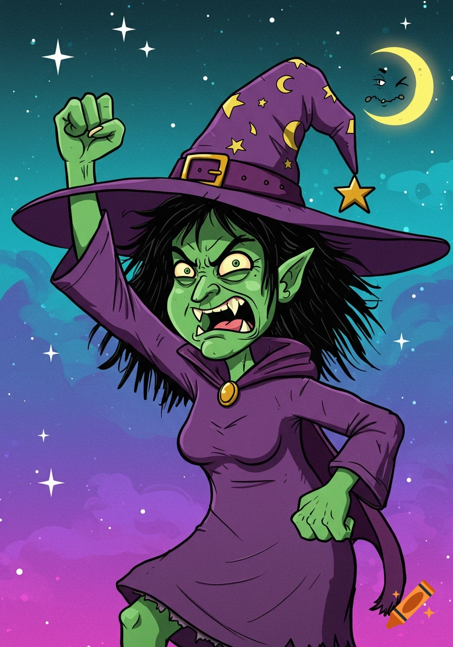A cartoony green-skinned witch with a purple hat and dress, angrily raising her fist under a starry night sky with a crescent moon.