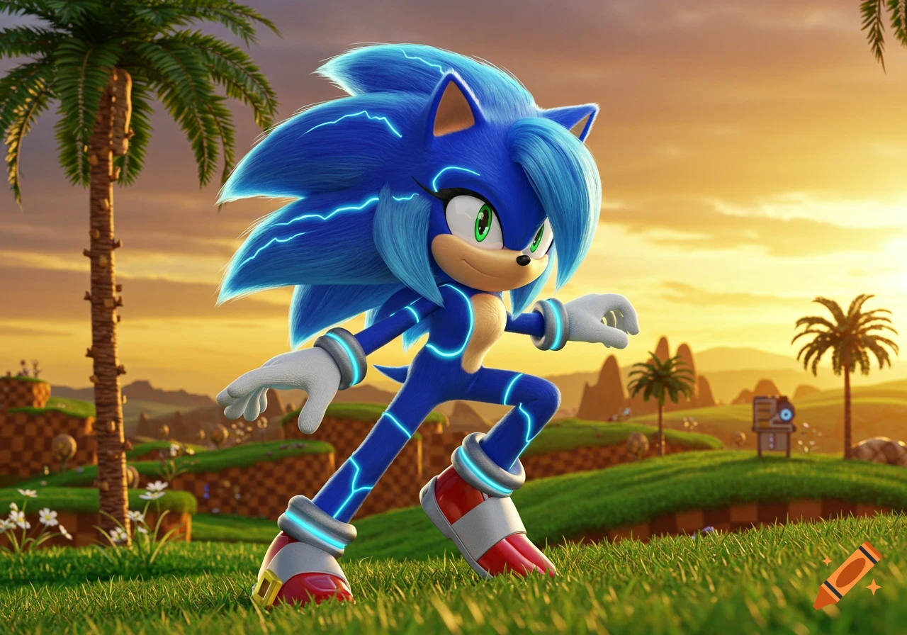 A blue, female Sonic-like character with glowing lightning details runs through a vibrant green landscape with palm trees at sunset.