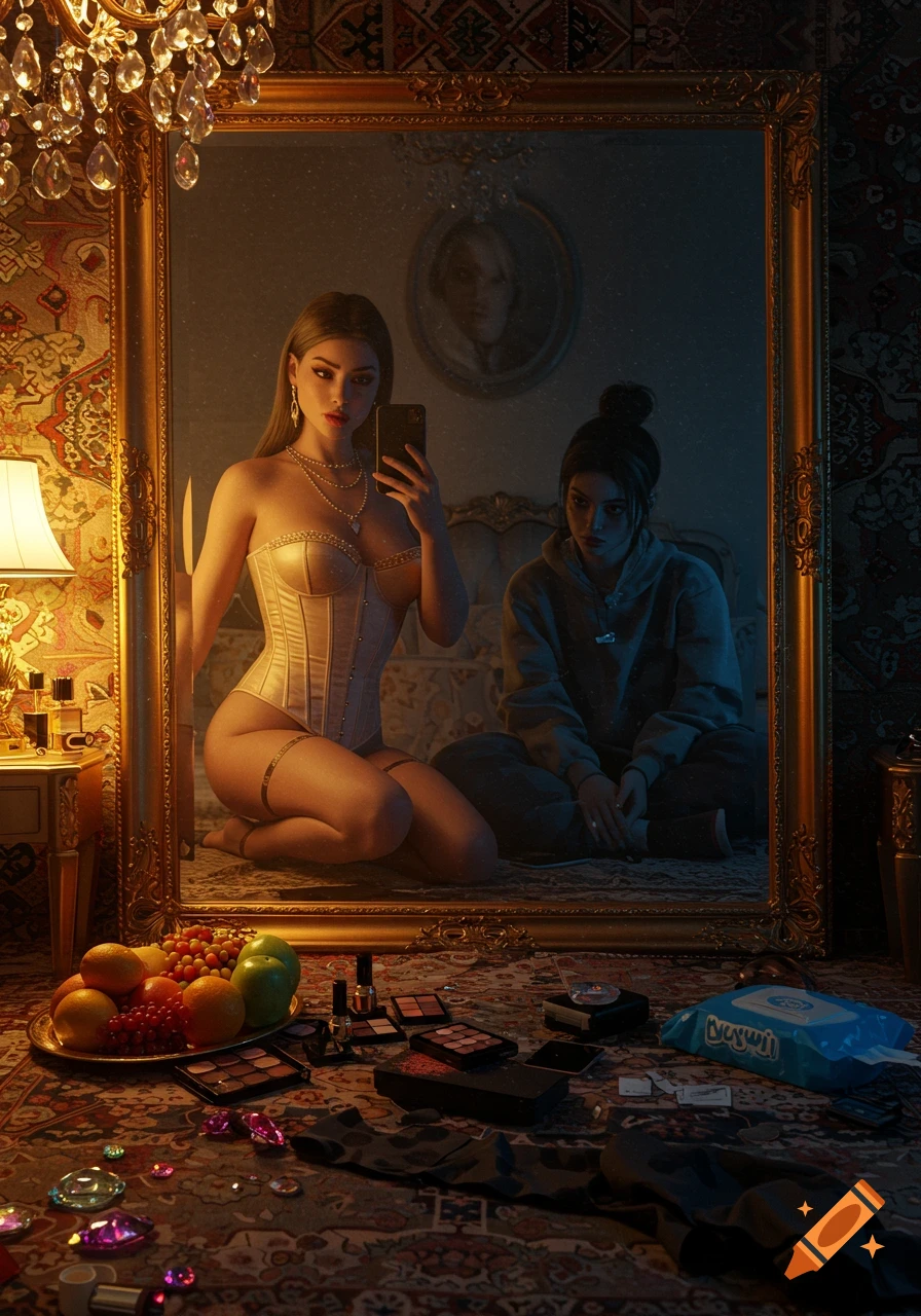 A woman in a gold corset takes a selfie in a mirror, reflecting a casually dressed, somber woman in a lavish bedroom.