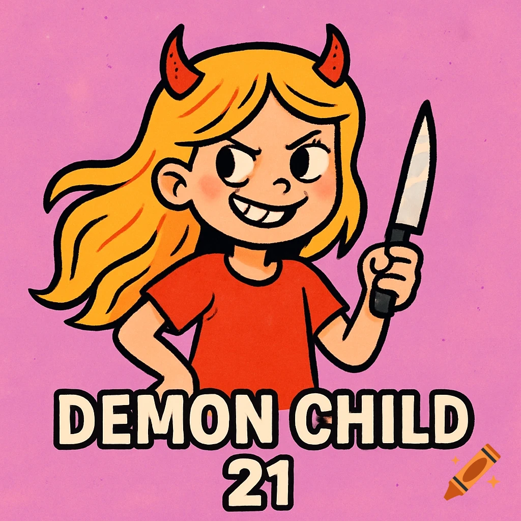 Cartoon of a blonde girl with demon horns and a mischievous grin, holding a knife, with 'DEMON CHILD 21' text.