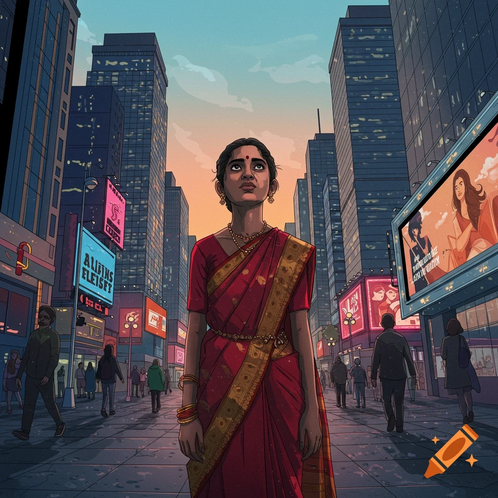 An illustration of an Indian woman in a red sari looking up, standing on a city street with tall buildings and neon signs.