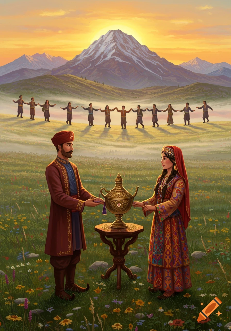 A man and a woman in traditional Middle Eastern clothing hold a decorative urn in a grassy field with mountains and sunset behind them.