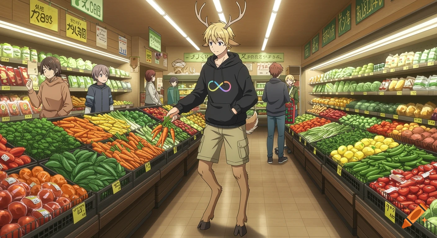 An anime-style blond satyr with hooves, antlers, and a tail, wearing a black hoodie and khaki shorts, shops for carrots in a brightly lit supermarket produce aisle filled with fruits and vegetables.