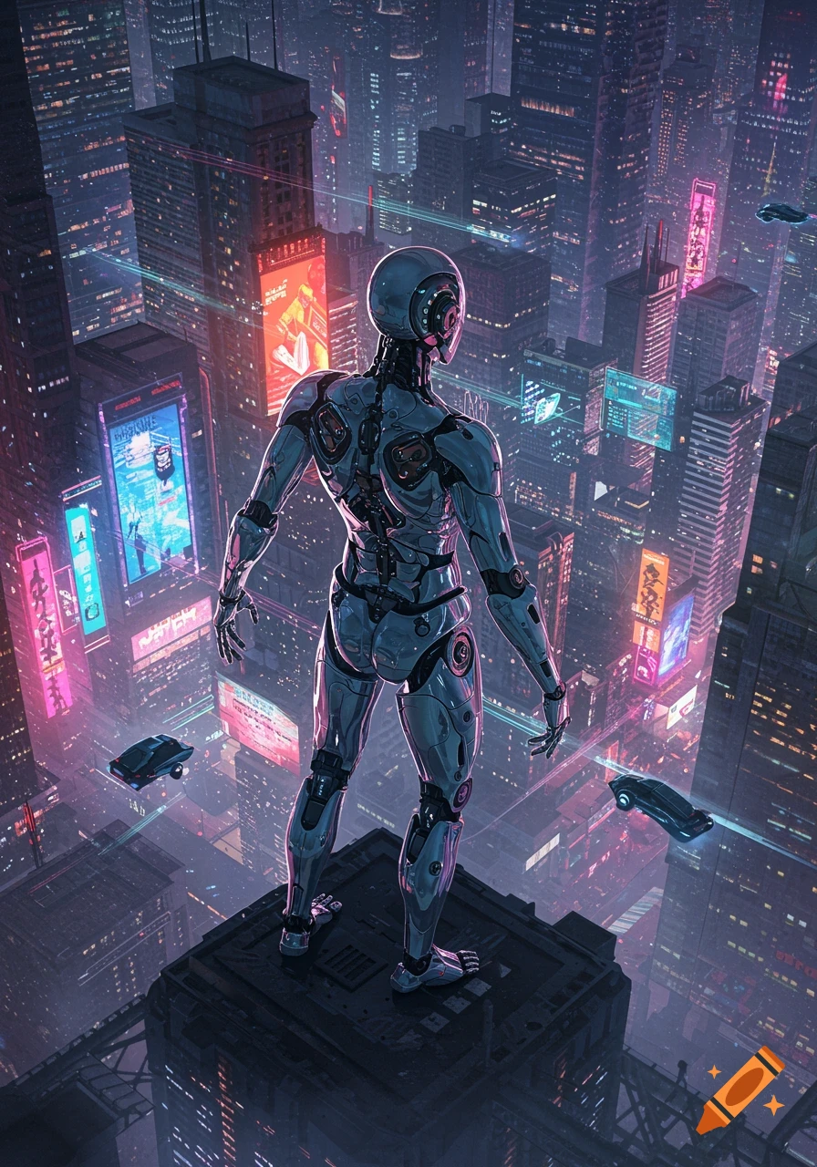 A robotic figure stands on a skyscraper rooftop, gazing out at a sprawling, neon-lit futuristic city with flying vehicles.