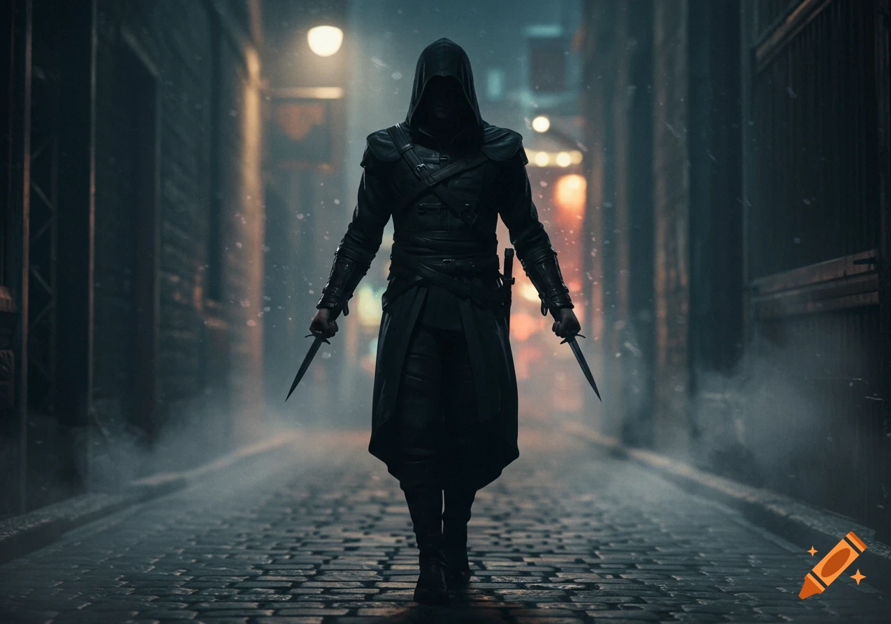 A hooded assassin figure stands in a dark, misty alley holding two knives, with city lights in the background.